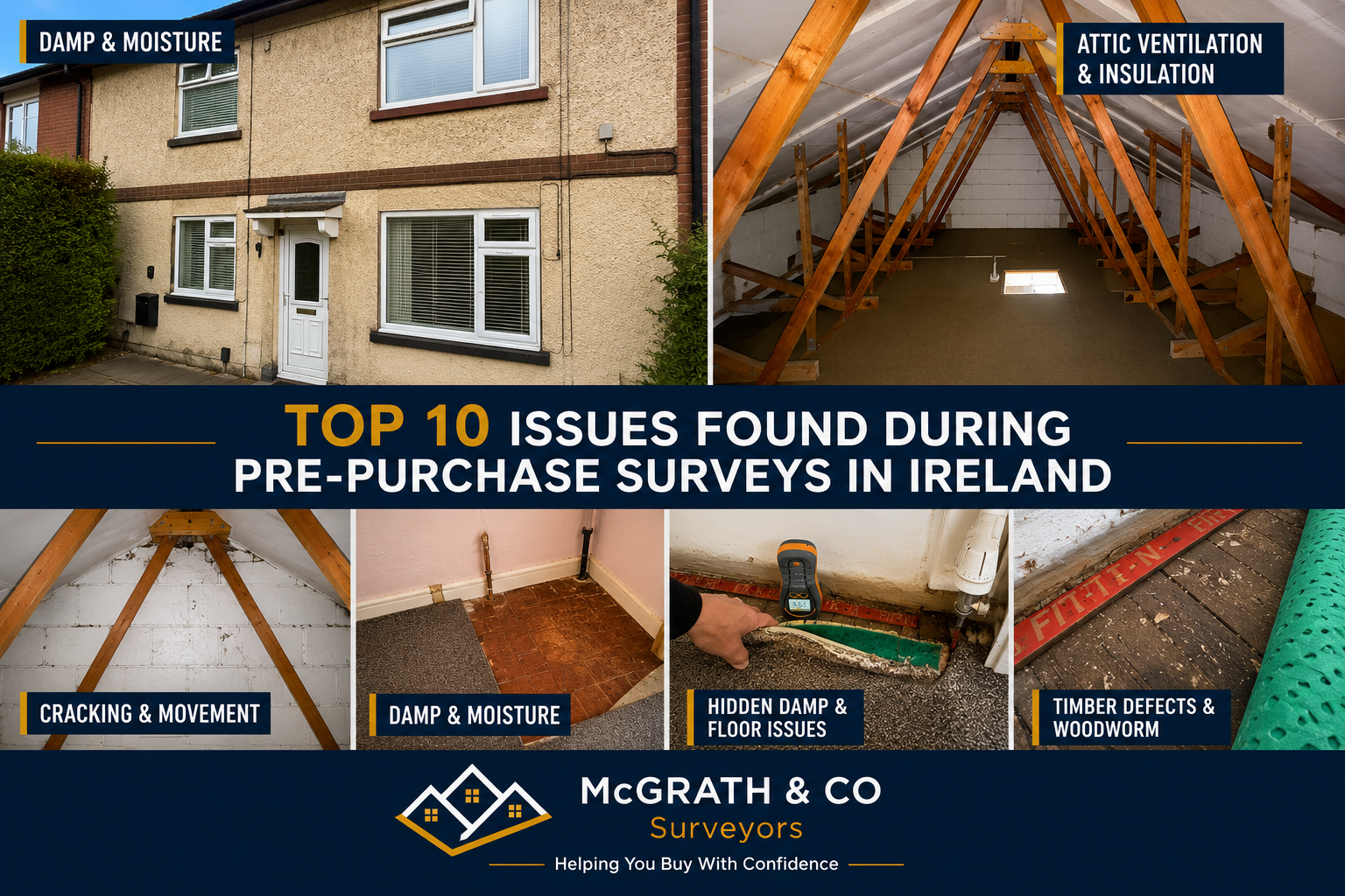 Collage showing common issues identified during pre-purchase property surveys in Ireland